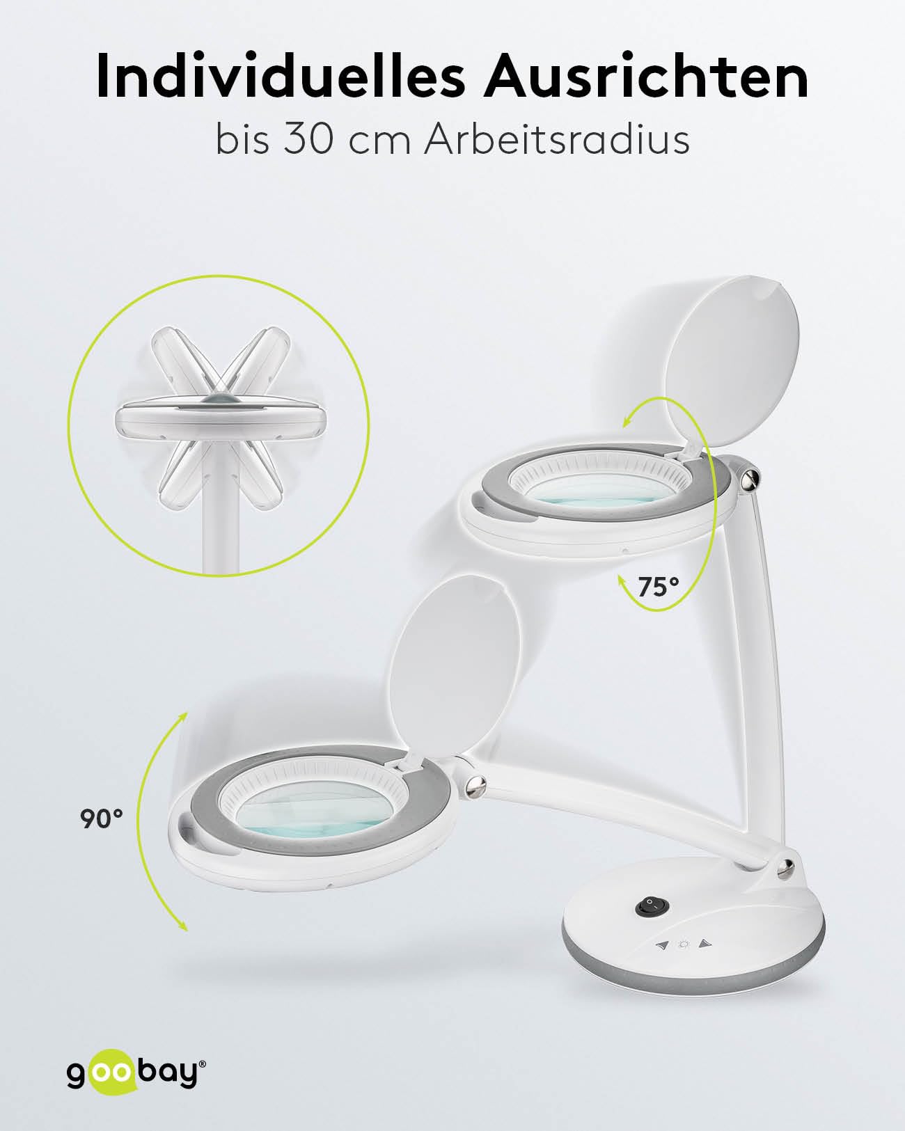 goobay 60363 Dimmbare LED Lupenleuchte/Lupenlampe mit Standfuß/Standlupe Licht / 6 W Leistungsaufnahme/Farbtemperatur 6500 K/Lichtstrom 450 lm/Betriebsspannung 230 V (AC), Weiß