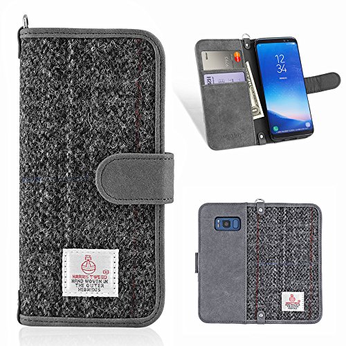 Funda Samsung Galaxy S8, MONOJOY Funda Piel Resistente, [Harris Tweed], Soporte Plegable, Ranuras para Tarjetas y Billetes, Estilo Libro, Cierre Magnético (Gris)