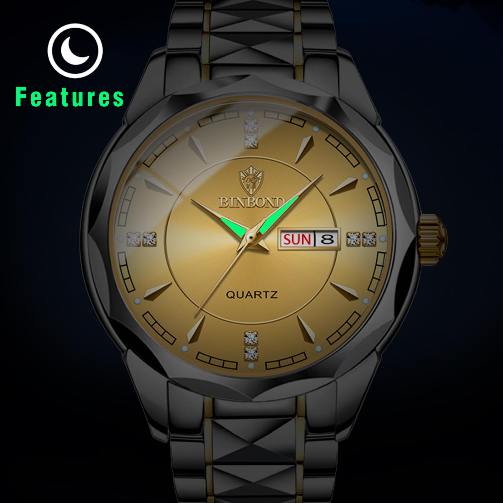 JewelryWe Paar Uhren Quarz Analog Partner Freundschafts Armbanduhr Datum Kalender Edelstahl Armband Uhr mit Beleuchtenden Zeiger und Strass rundem Zifferblatt, Geschenk für Herren Damen, Gold