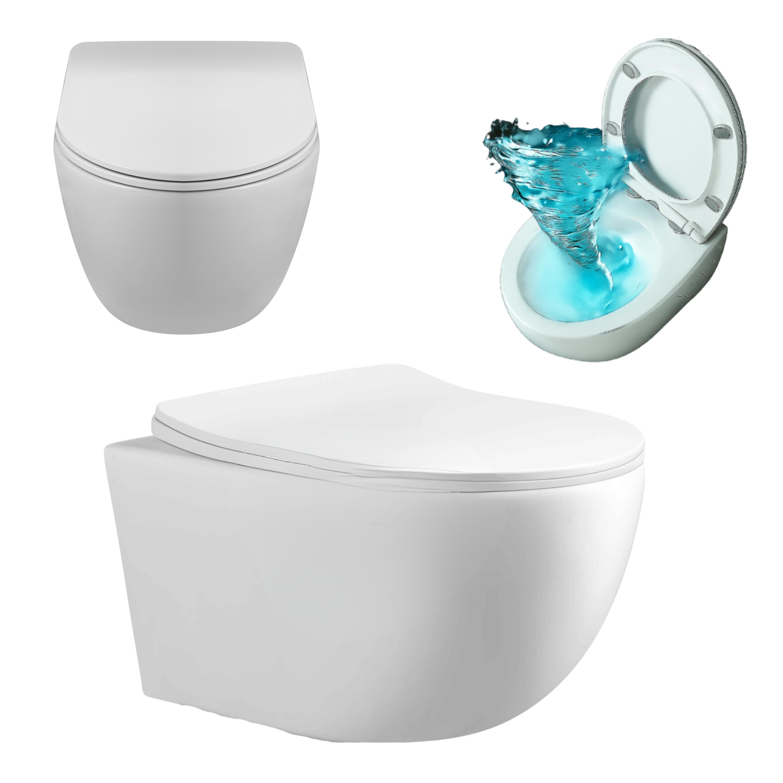AquaUno WC sospeso senza bordo Tornado Flush 360° - Toilette Rimless bianca in ceramica sanitaria, pulsante di scarico silenzioso, sedile Duroplast Soft-Close & Quick-Release, incluso set di montaggio