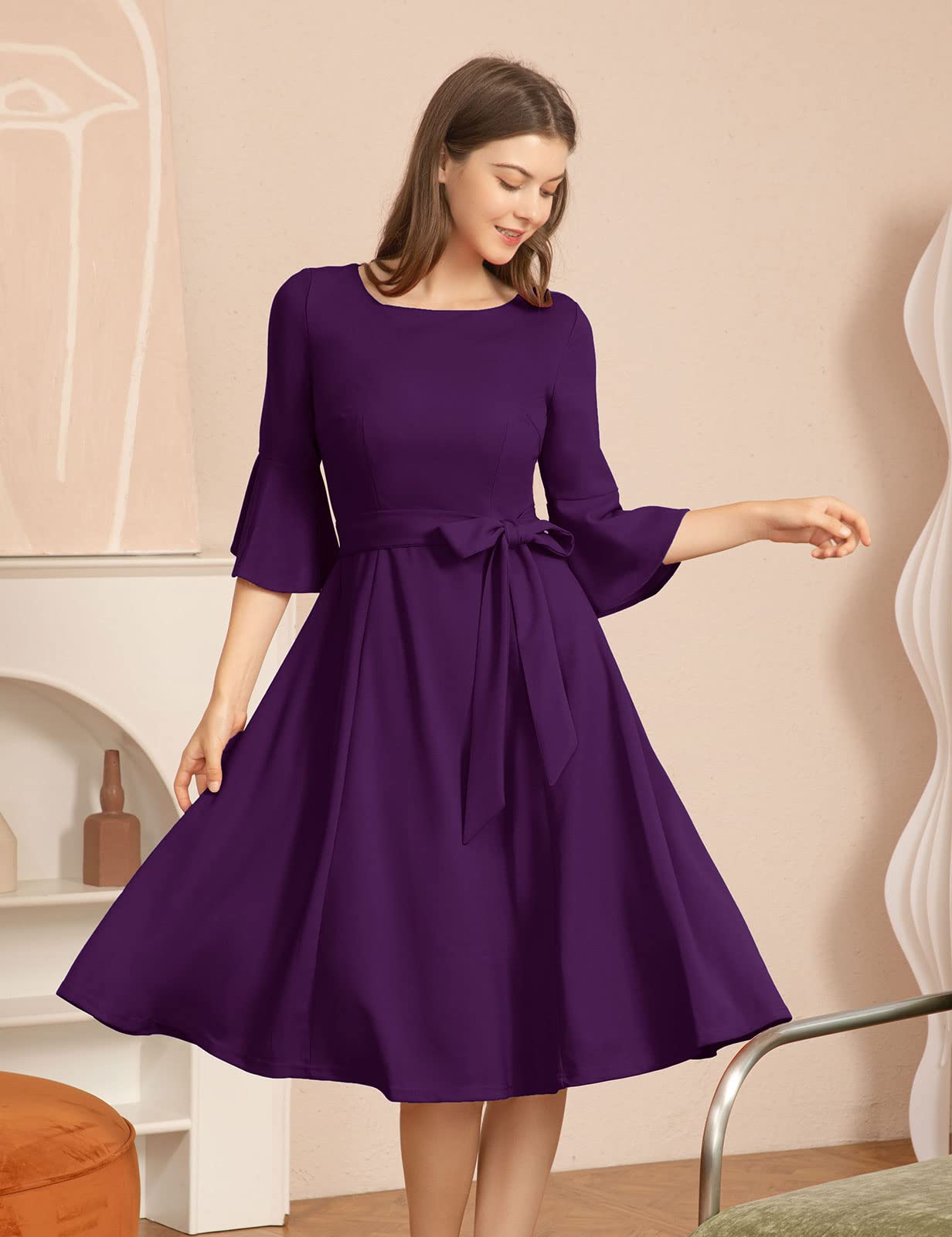 HomRain Elegante vestido de fiesta de cóctel con mangas acampanadas para invitada de boda, ajuste y acampanado, modesto, vestido de noche para iglesia