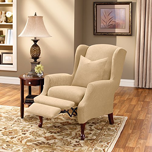 Surefit Home Décor Sf38684 Stretch Pique Box Cushion Recliner Wingback Chair Slipcover, Form Fit, Polyester/Spandex, Machine Washable, Two Piece, Cream Color #TOP1