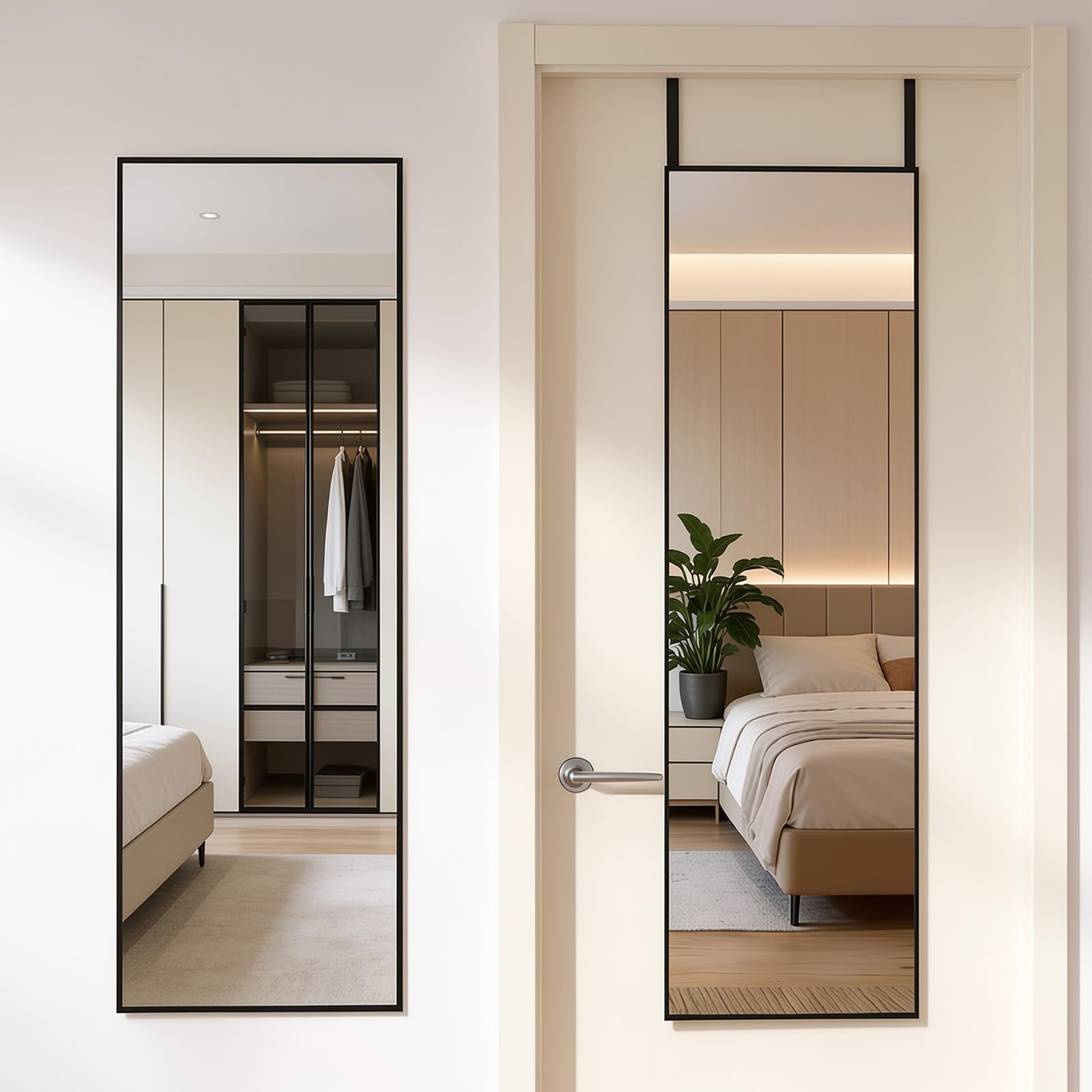 DUMOS Full Length Mirror Over the Door, 47"x14" Wall Mount Mirror | Door Mounted Body Dressing Mirror, Metal Aluminum Alloy Frame, Bedroom Living Room Entryway, Black Door Mount-black Rect 47"L x 14"W