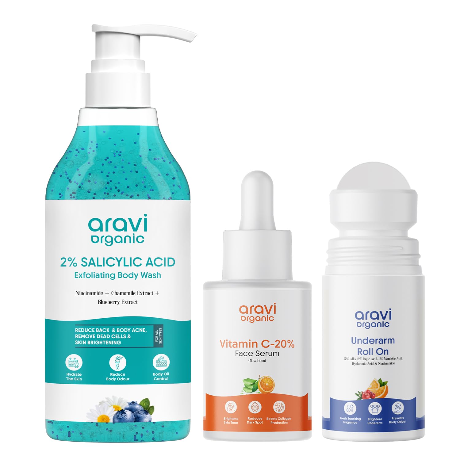 Aravi Organic Body Wash & Vitamin C Face Serum & Under Arm Roll On – Nourishing, Brightening & Freshness Skincare Trio-picture-36