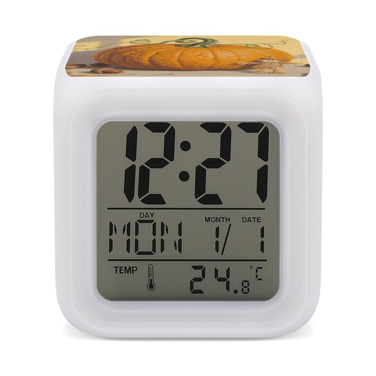 FodPand 7 Color Ambient Night Light Cube Battery Operated Pumpkin Digital Clock with Snooze Temperature LED Digital Alarm Clocks Dimmable Wake Up Light Portable Mood Lamp for Bedroom Desk Gift