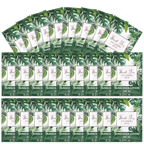 Image of Loopeer 60 Pcs Mini Sunscreen Bulk Travel Size Sunscreen Packet 0.27 Fl. Oz. SPF 30 Water Resistant Mini Sunblock Beach Lotion Pool Summer Vacation Gift for Women Summer Party (Tropical Leaves)
