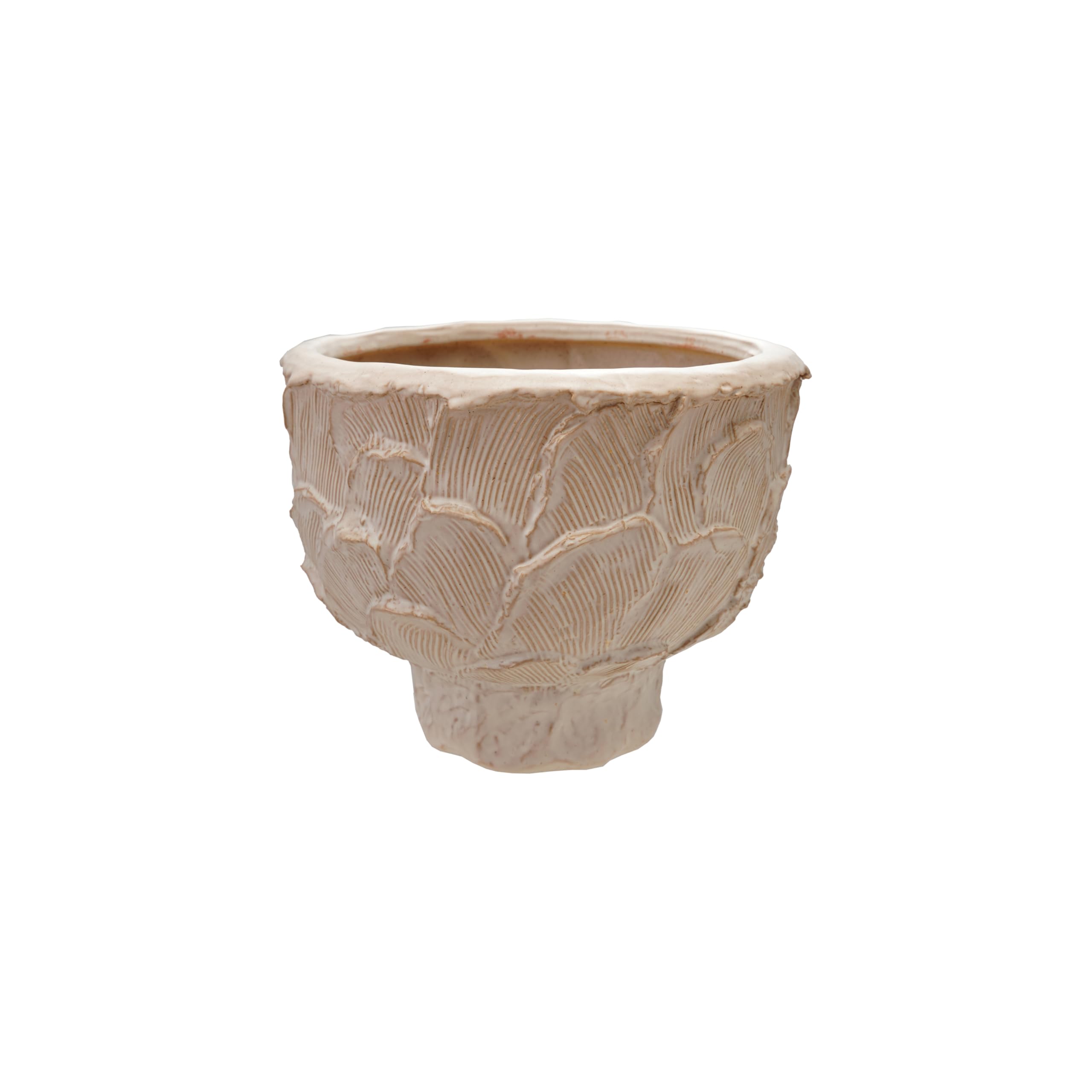 Pot de fleurs rond en grès gaufré texturé crème à motifs géométriques chic