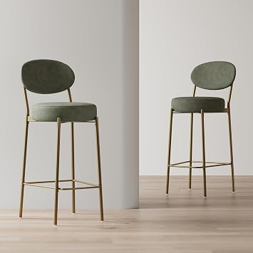Bar Stools Pack of 2, Leather Bar Stools, Green Upholstered Bar Chairs with Gold Metal Legs, Low Back, Armrests and Footrest, for Kitchen, Dining Room and Home Bar, 29.13 Inch Seat Height