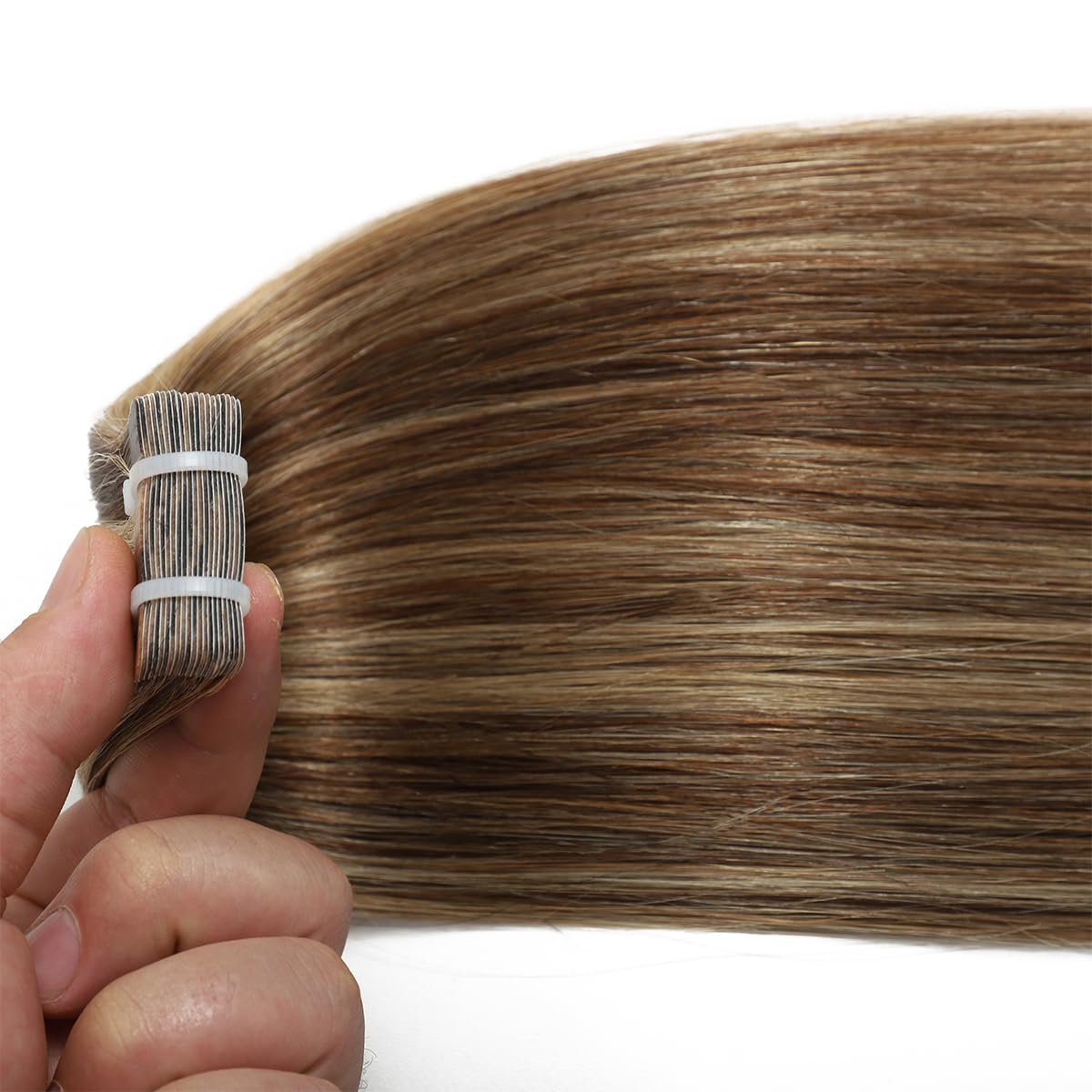 Doczepiane włosy na taśmie, prawdziwe włosy, blond, pasemka średniobrązowe, gładkie włosy Remy, z taśmą, 20 sztuk, 50 g, 40 cm