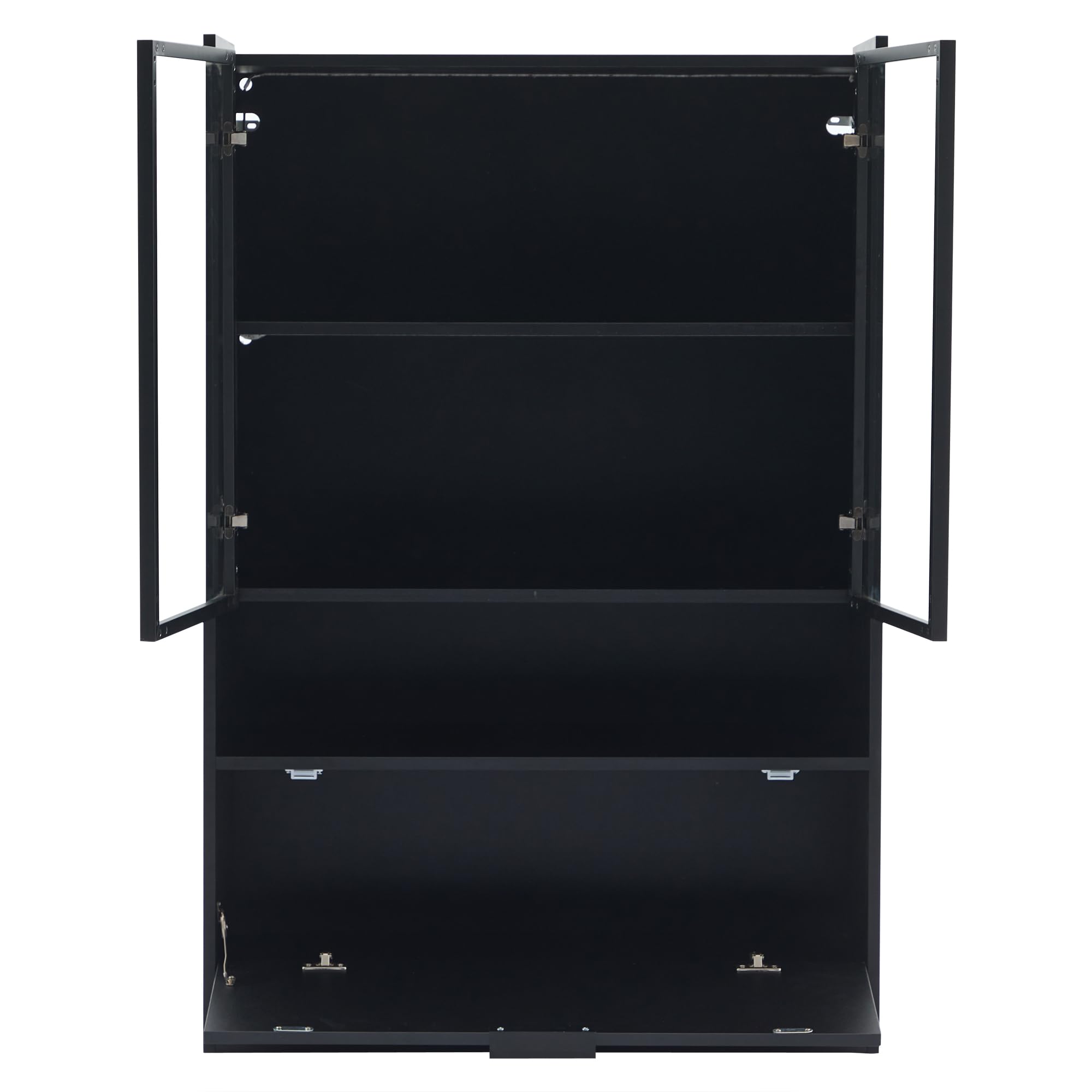 Merax Vitrinenschrank Transparente Vitrine mit LED, Moderner Bücherschrank mit 2 Glastüren & 1 Falttür & Offenes Regal, Sammlervitrine Standvitrine für Wohnzimmer Esszimmer Büro, Schwarz Matt, 120cm