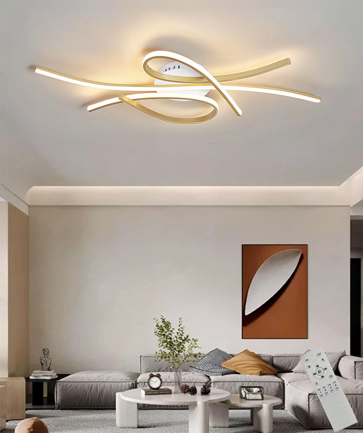 JINGKER Modern LED Ceiling Light,Dimmable Living Room Ceiling lamp Bedroom Pendant Light with Remote Control for Bedroom, Dining Room and Living Room Gold Black54W (Gold, L100CM)