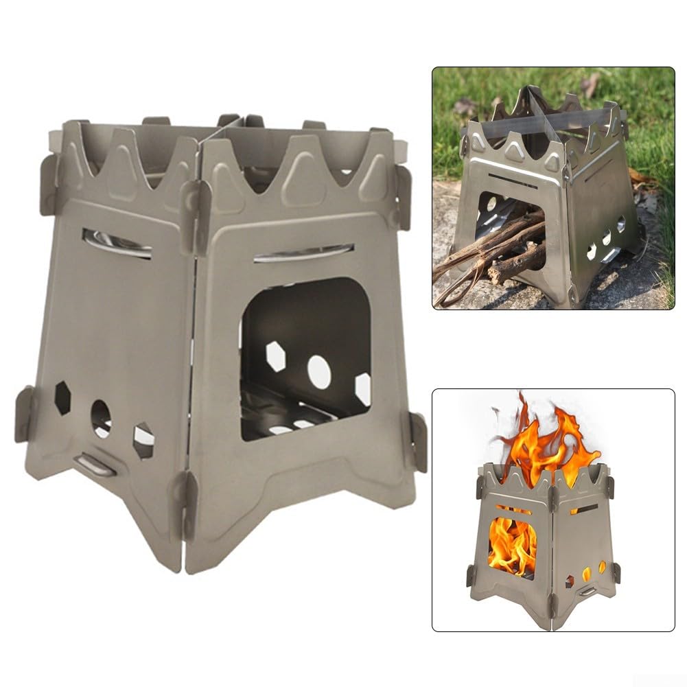 DAZZLEEX Réchaud à bois de titane pliable ultraléger avec plateau en acier inoxydable pour camping, randonnée, randonnée en plein air, brûleur de cuisine grande taille (L)