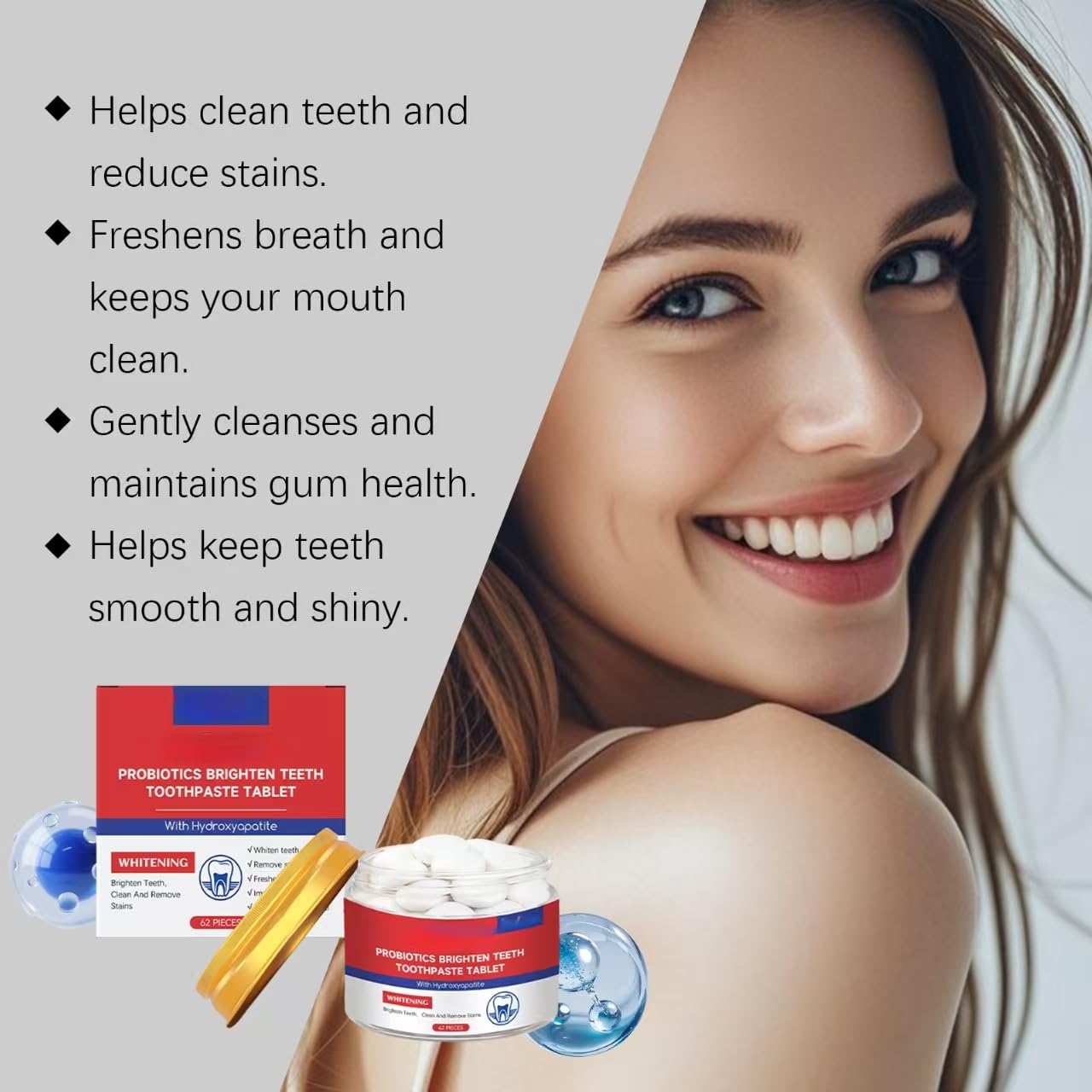 Compresse di dentifricio – Sbiancante, senza fluoro, menta piperita | Idrossiapatite per il sostegno dello smalto e il sollievo dalla sensibilità. Adatto ai viaggi. 62 compresse