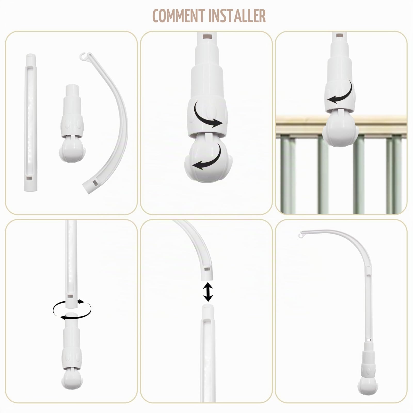 Support mobile pour lit d'enfant 58 cm Support amovible réglable pour crèche suspendue/jouet mobile Blanc