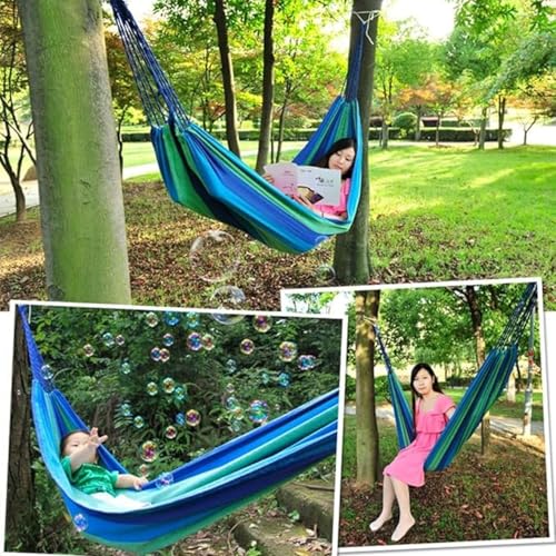 Image of Baskety Double Person Cotton Canvas Hammock with Spreader Bars Ultralight Travel Camping Hammock Swing Bed for Outdoor, Balcony, Garden, Beach - Max Load 200 KG (Blue, 280 x 100 cm)
