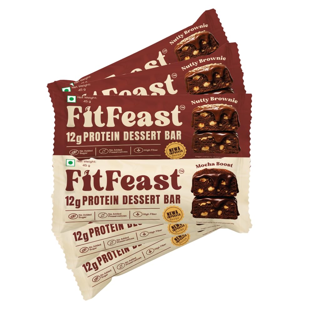 FitFeast Dessert Protein Bar | Mocha Boost | Nutty Brownie | Pack of 6 (3 Each) | 12g Protein | Zero Added Sugar & No Artificial Preservatives | 50g Bar | As Seen on Shark Tank-image-39