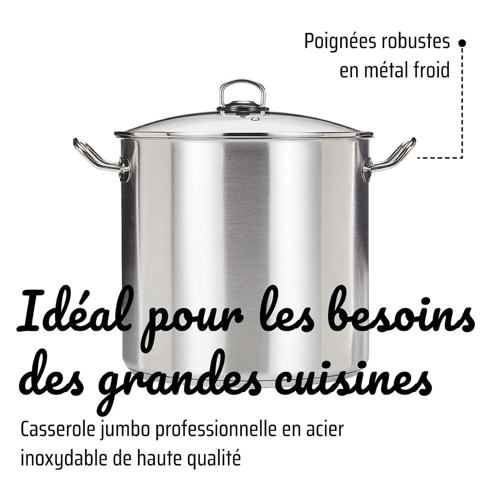 GSW Grande marmite professionnelle – grand pot XXL pour soupe, pâtes et ragoût, idéale pour les familles et la gastronomie – Acier inoxydable, 30 cm, 20 litres