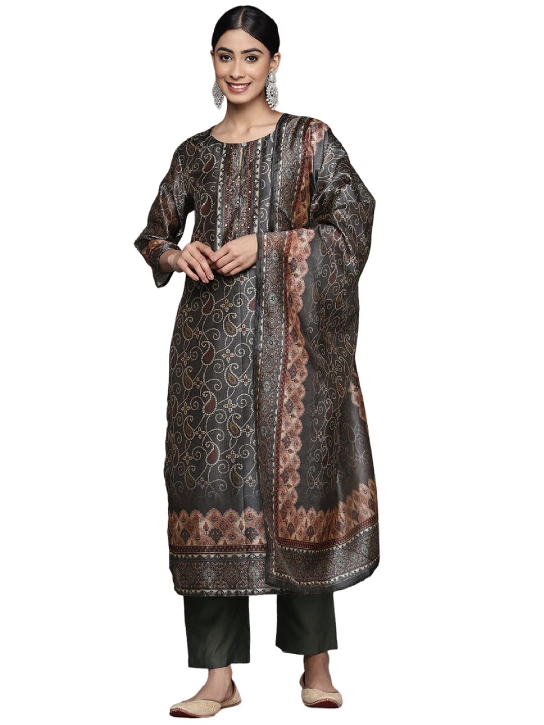 Varanga Women Black Ethnic Motif Motif Placket Embroidered Straight Kurta Paired With Tonal Solid Bottom And Printed Dupatta