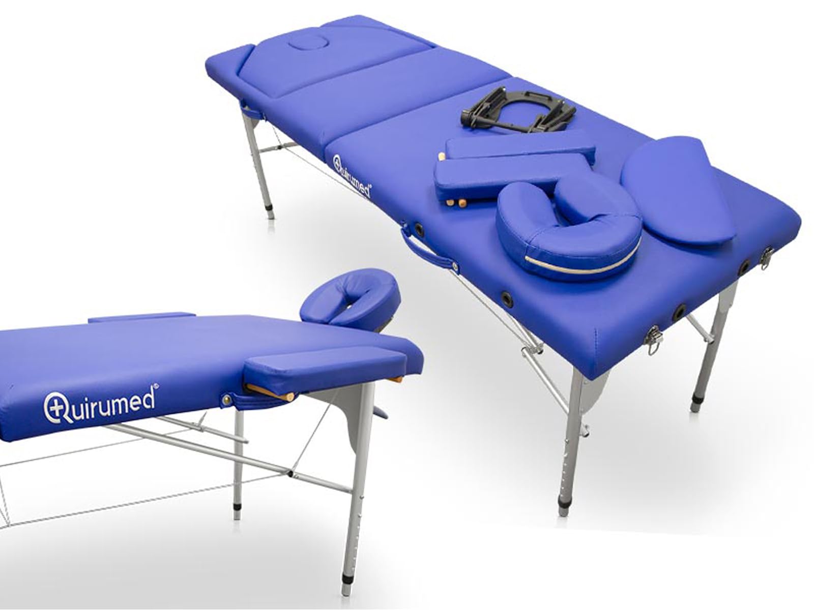 QUIRUMED Camilla de Masaje Plegable de Aluminio Pro, 186 x 66 cm, con Respaldo abatible, Color Morado, Polipiel, Orificio Facial, Cabezal extraíble, Regulable en Altura, 2 cuerpos, hasta 150 kg