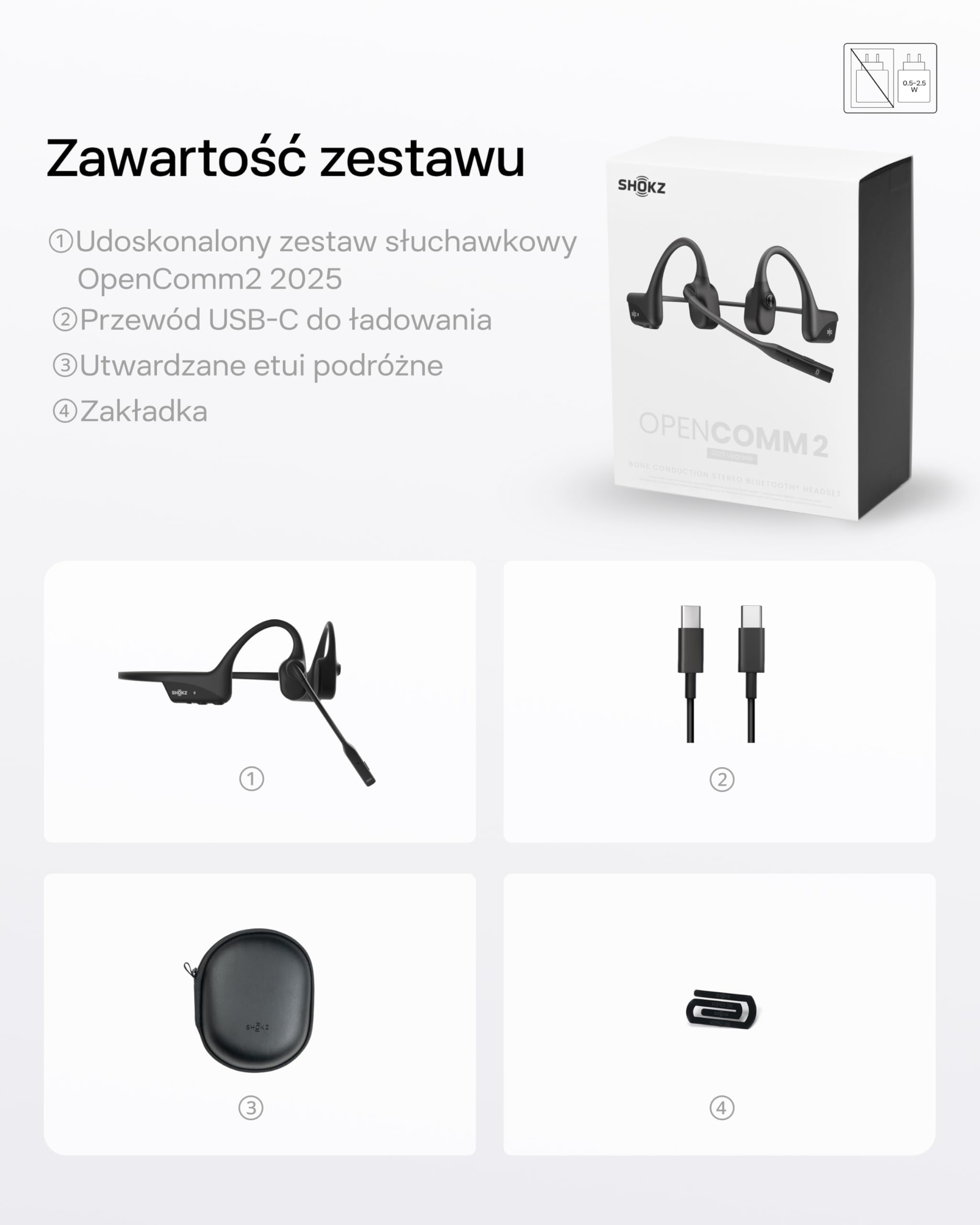 Shokz OpenComm2 UC headset Open-Ear na PC z USB-A | 16h rozmów, mikrofon z redukcją szumów, Bluetooth, technologia kostna, do biura, połączeń i spotkań