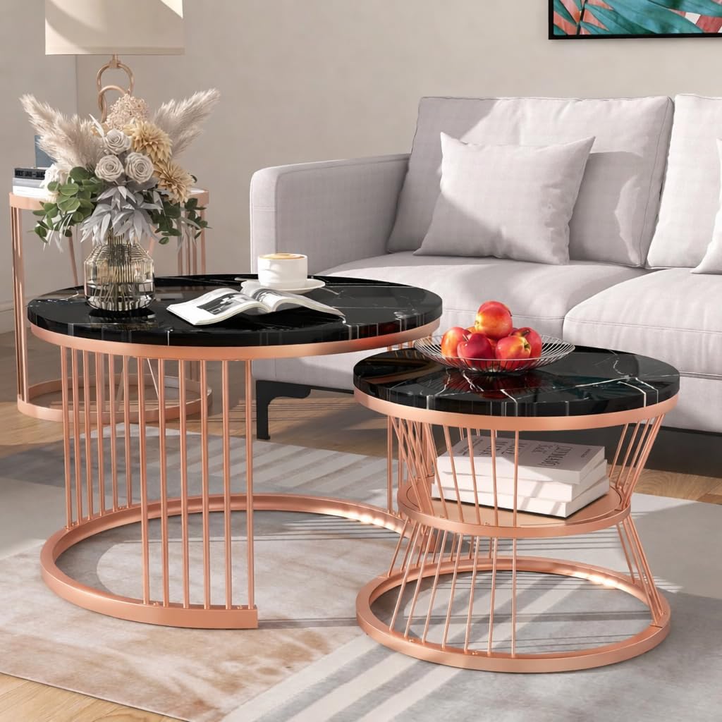 Brown Art SHOPPEE Round Coffee Table Home Décor Furniture Coffee Table Sets,2 Piece MDF Top,Stacking Nesting Table with Iron Frame for Living Room Living Room or Lounge (Rosegold Black)