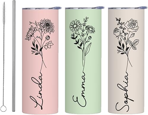 Miniatura 1 de Vaso personalizado con nombre, regalo para ella, vaso delgado de 20 onzas, vaso de acero inoxidable con nombre floral de nacimiento personalizado,