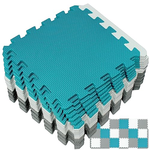 Image of Yostrong® 18 Tiles Interlocking Puzzle Foam Baby Play Mat with Straight Edges for Playing - EVA Babies Crawling Mat | Rubber Floor Work Out Mats for Home Gym. White, Gray, Dark Green. YOC-ALPb18S18