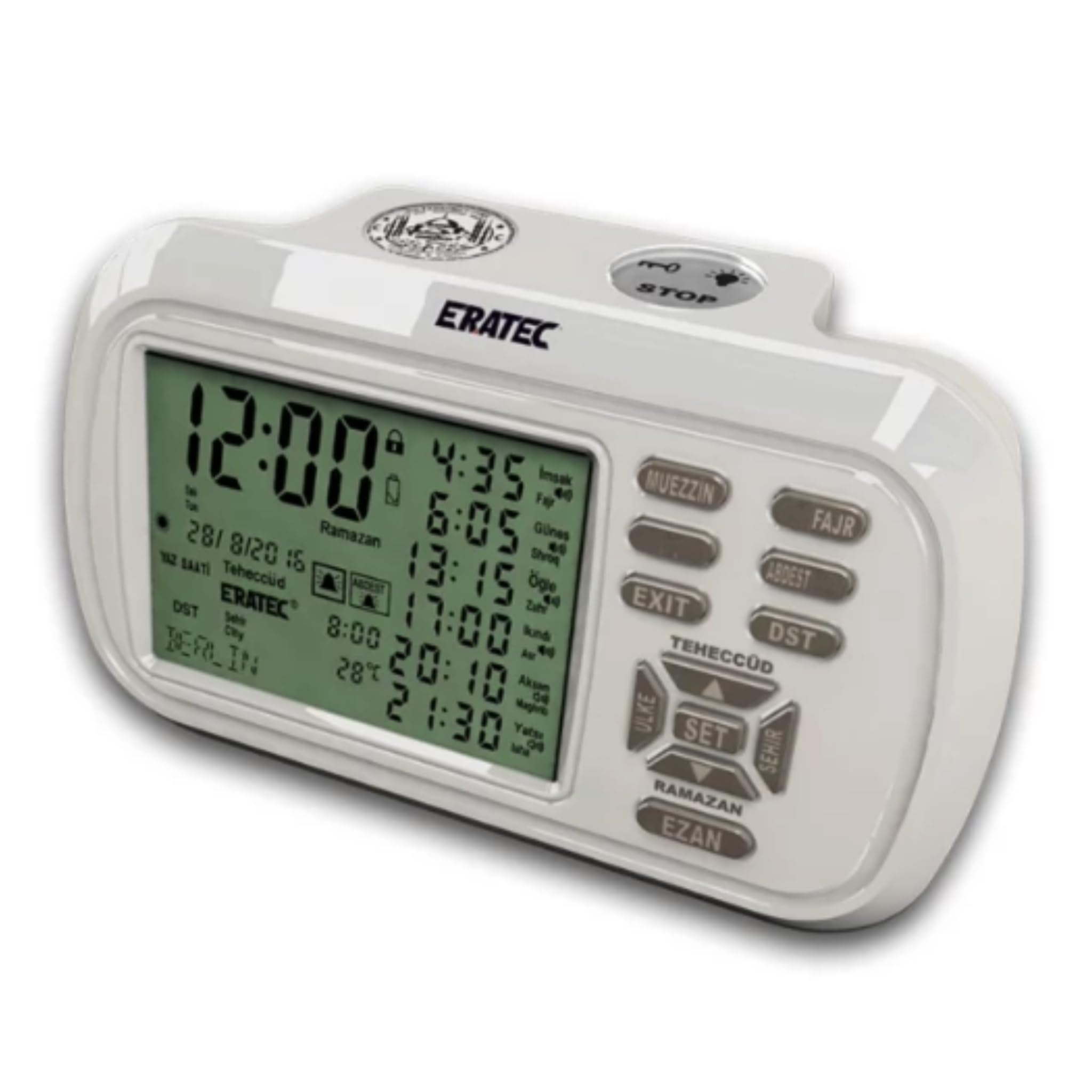 Shov Ezan Saati Silver - AZ-6500 - Horloge de prière automatique Azan - 8 voix Azan - Calendrier hijri et calendrier - Réveil et boussole Qibla - Blanc