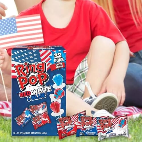 Ring Pop Hard Candy | Individually Wrapped Wearable Lollipop Suckers Snack Assorted Flavors | Birthday Party Pinata Gift Deco Prize Box Goodies (Red White & Blue) #TOP1