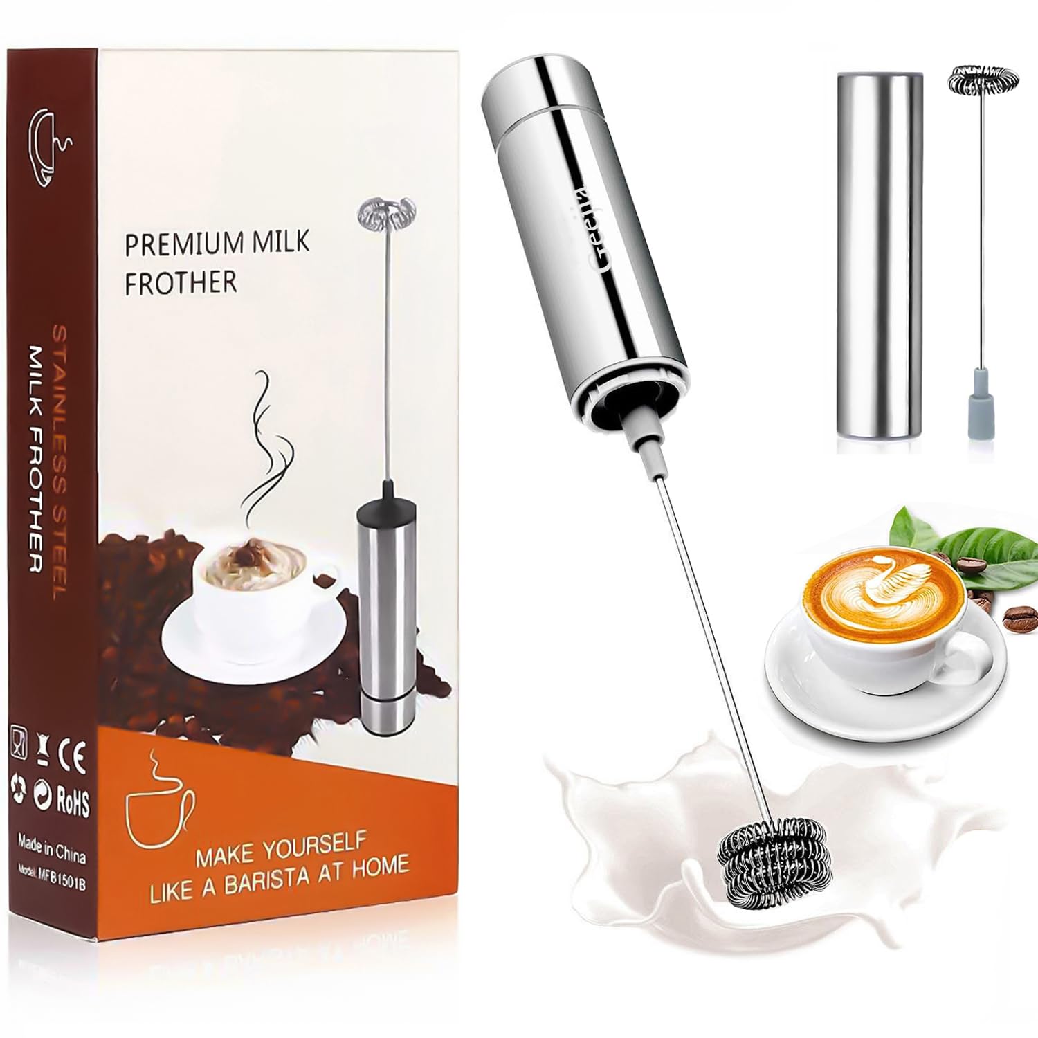 Milk Frother, Battery Powered Milk Frother Electric with Single&Triple Spring Whisk Heads and One Storage Tube, Handheld Coffee Frother Drink Mixer for Latte, Cappuccino, Hot Chocolate