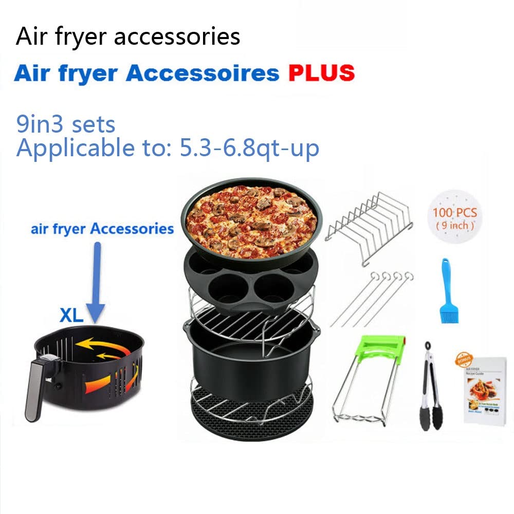 9 Pollici Accessori Friggitrice Ad Aria 12 Pz Adatto A Tutte Le Friggitrici Ad Aria Dei Marchi 5.3QT-6.8QT-Up Compreso Il Fusto Della Torta, Pizza Teglia, Tappetino in Silicone, Supporto in Metallo
