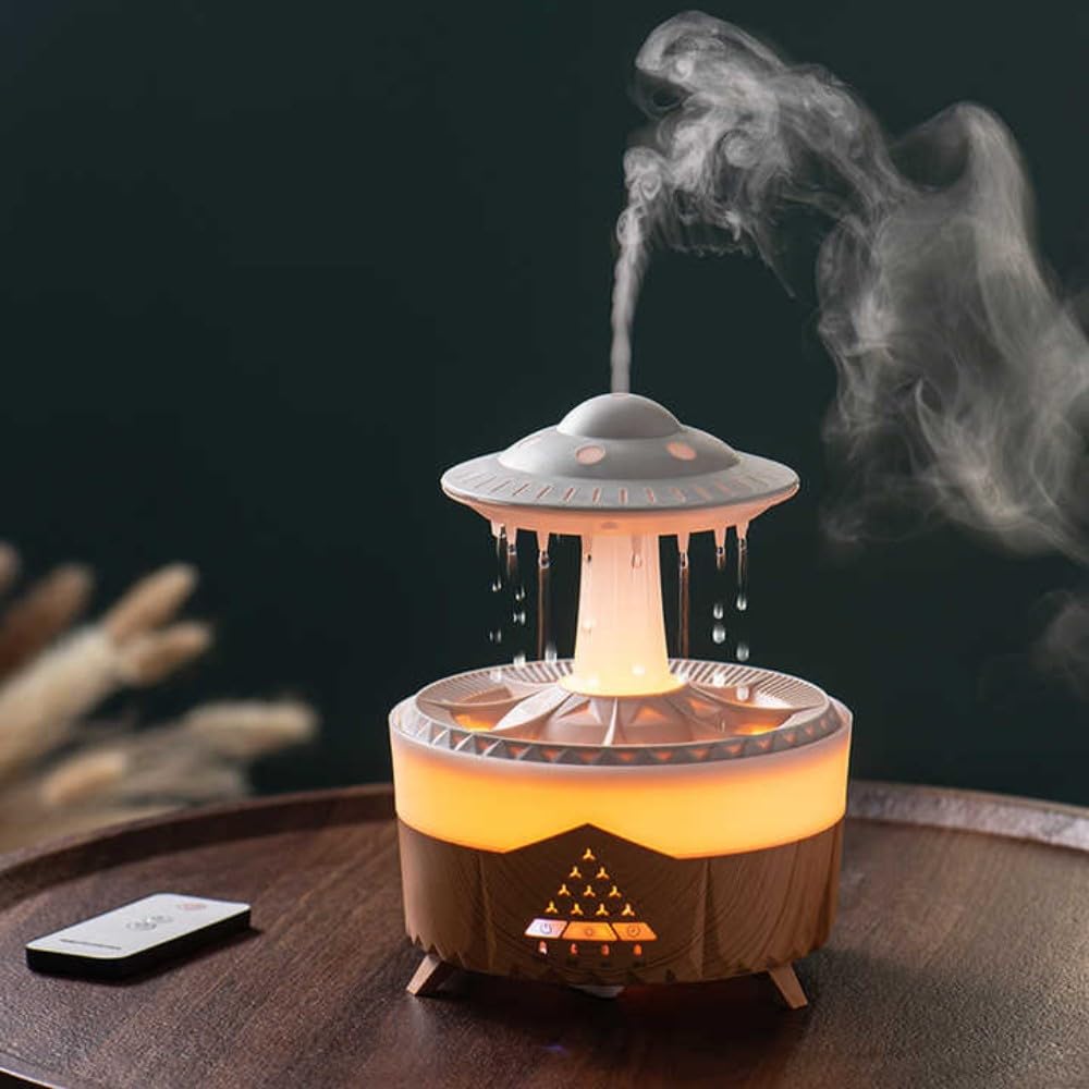 Rain Humidifier Raindrop Sound Diffuser Romantic Fragrance Rain Cloud Humidifier7 Colors UFO Humidifier,Add Essentials Oils, Experience Sleeping Relaxing Mood Water Drop Sound (White)