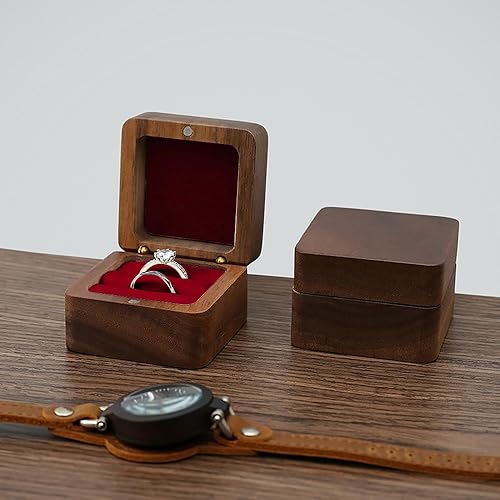 Miniatura 2 de Caja de doble anillo de madera, caja de anillo rústica, caja cuadrada de madera maciza para almacenamiento de joyas, almohada para ceremonia de