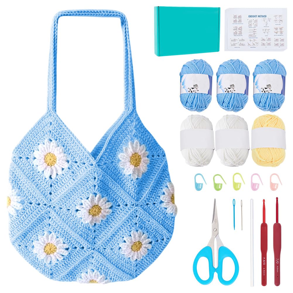 ORIGACH DIY Daisy Crochet Bag Kit for Beginners Adults, Crochet Granny Square Bag Kit with Instruction Video Tutorials, Learn to Crochet Bag Making Kit for Starters, Light Blue — image 1