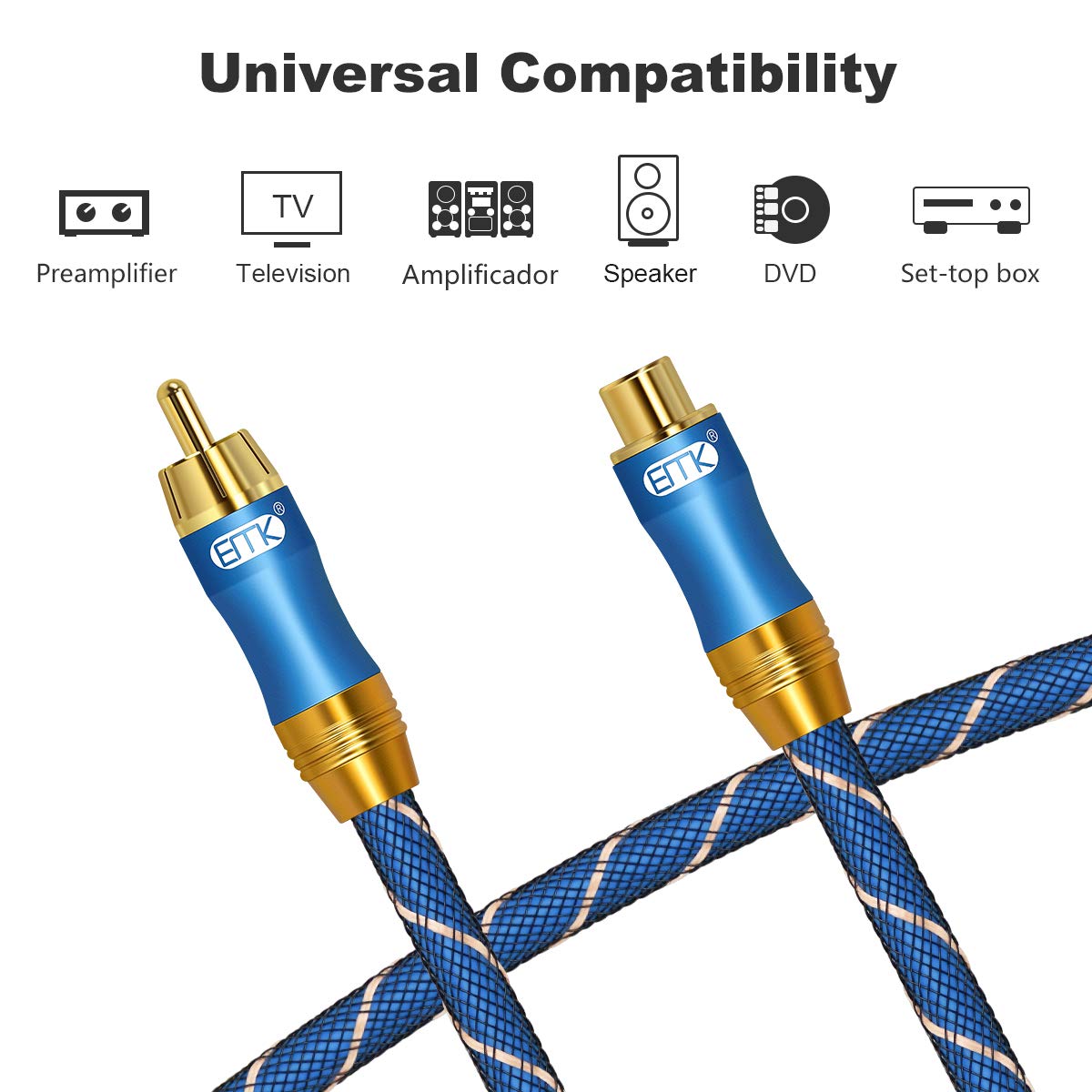 Cable de extensión RCA EMK 2M RCA Macho a Hembra Cable de Cobre Chapado en Oro, Cable de Audio coaxial Digital Resistente para Cine en casa, HDTV, amplificadores (2M, Cable de extensión RCA, Azul-3) — view 6