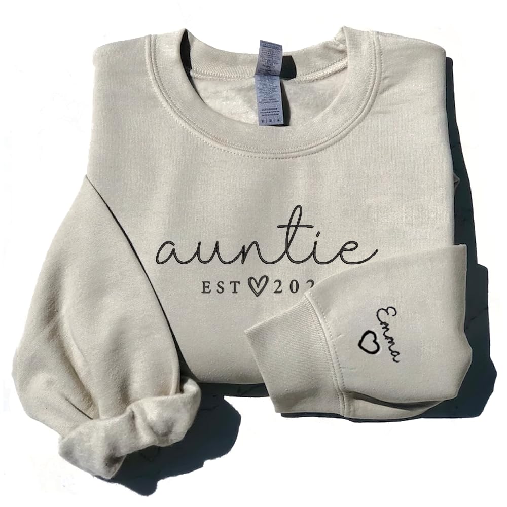 GODMERCHPersonalized Embroidered Auntie Sweatshirt with Kids Names Sleeve, Custom Aunt Sweater, Est Date Auntie Sweatshirt, Custom Embroidered Sweater, Childs Names on Sleeve, Gifts for Aunt