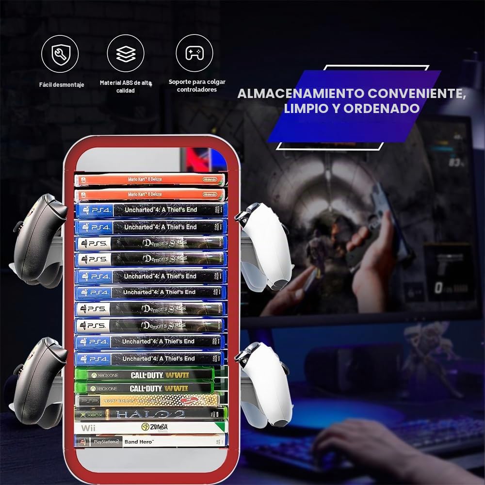Torre de Almacenamiento de Juegos para PS5/ Xbox Series S & X/Switch, Organizadores Universales de Discos de Videojuegos, Almacena 18 Juegos, con 4 Soportes de Controlador (Rojo)