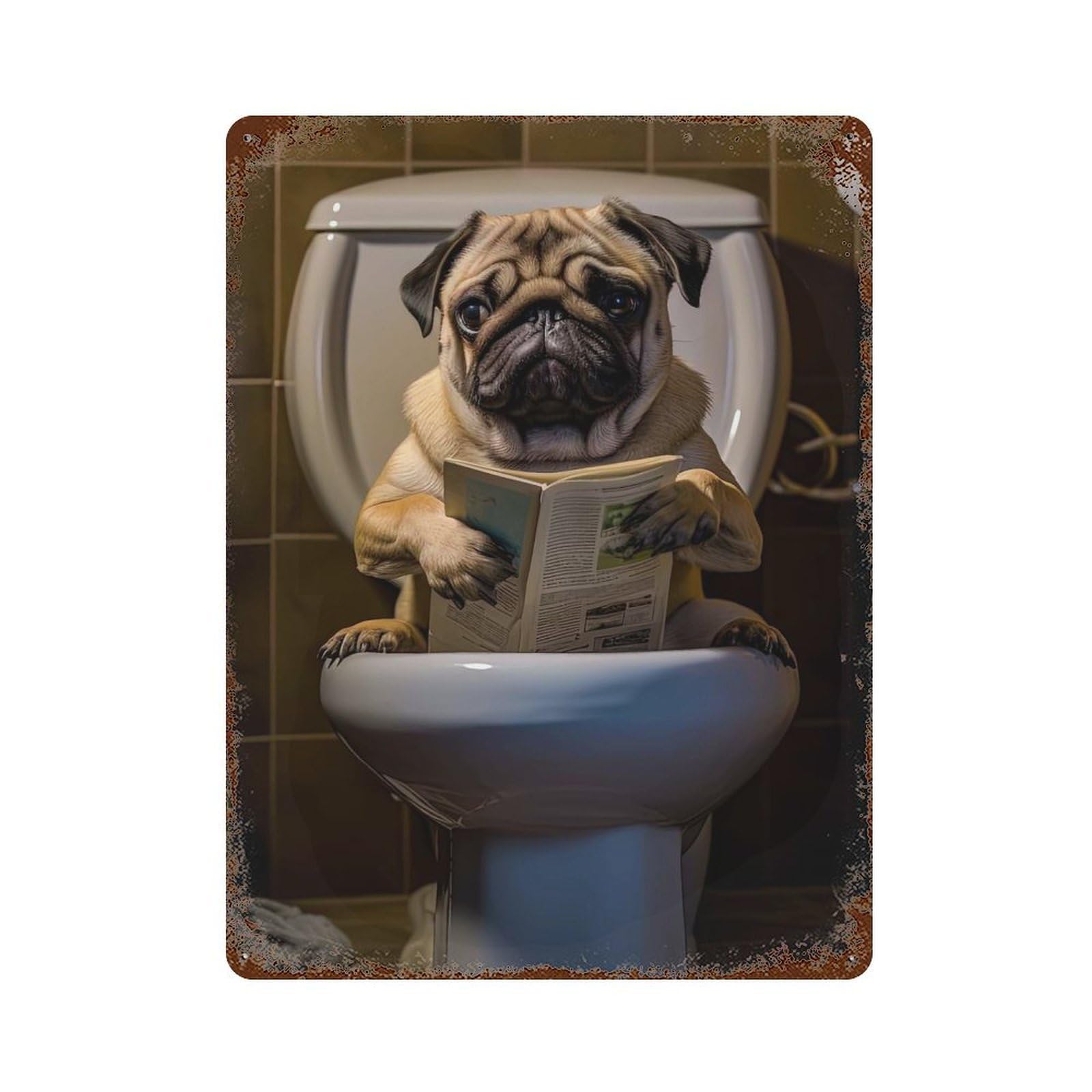 Pug Dog on The Toilet Rustic Tin Plaque 15.7"x11.8", Ideal for Shed, Workshop And Garage Wall Decor
