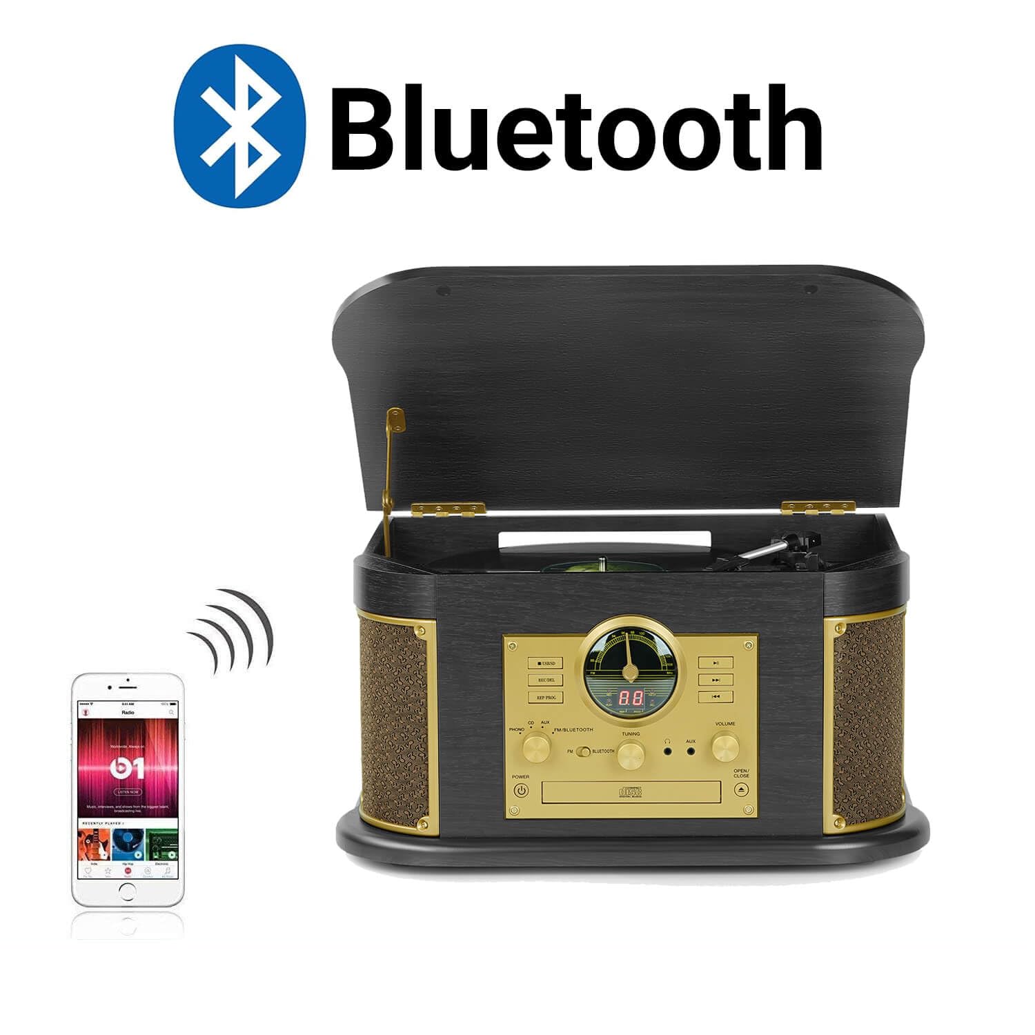 Giradischi retrò 10‑in‑1 con Bluetooth, CD, radio FM, USB/SD per registrare vinili, altoparlanti integrati, ingresso AUX e uscita RCA