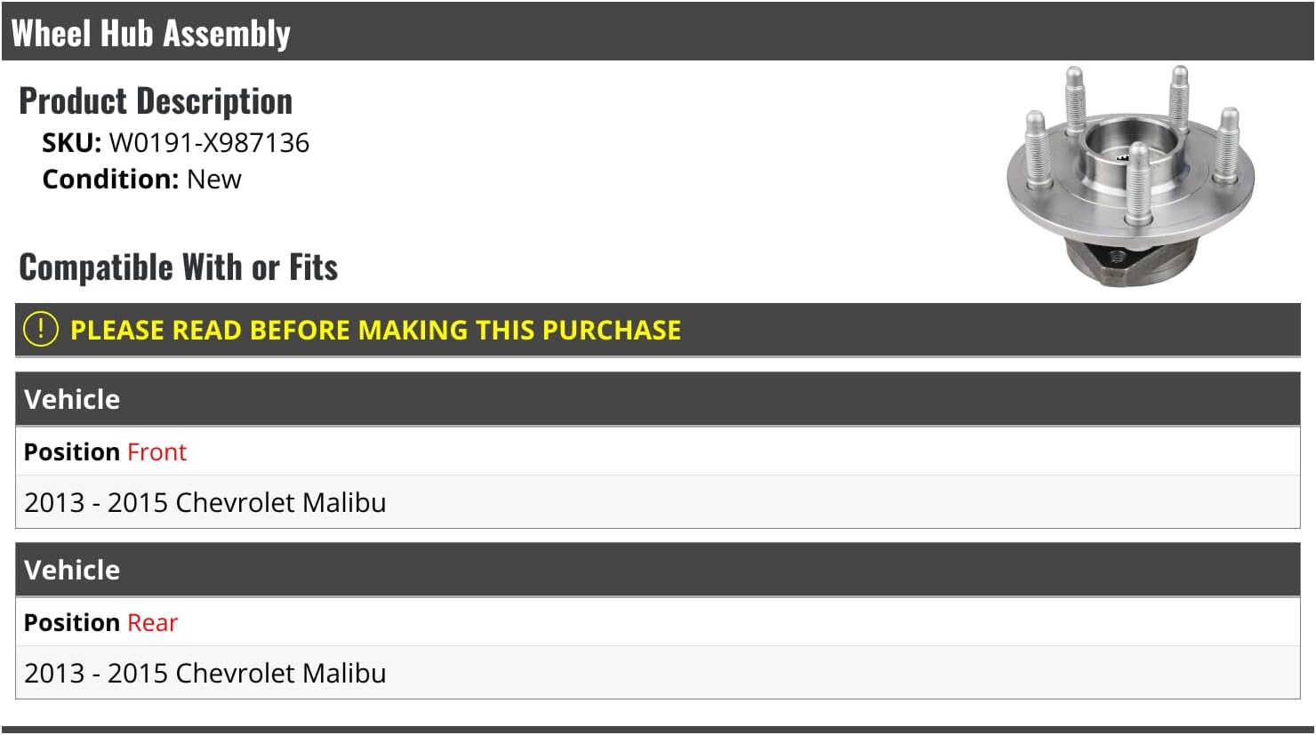 Wheel Bearing Hub Assembly - Front or Rear - Compatible with 2013-2015 Chevy Malibu