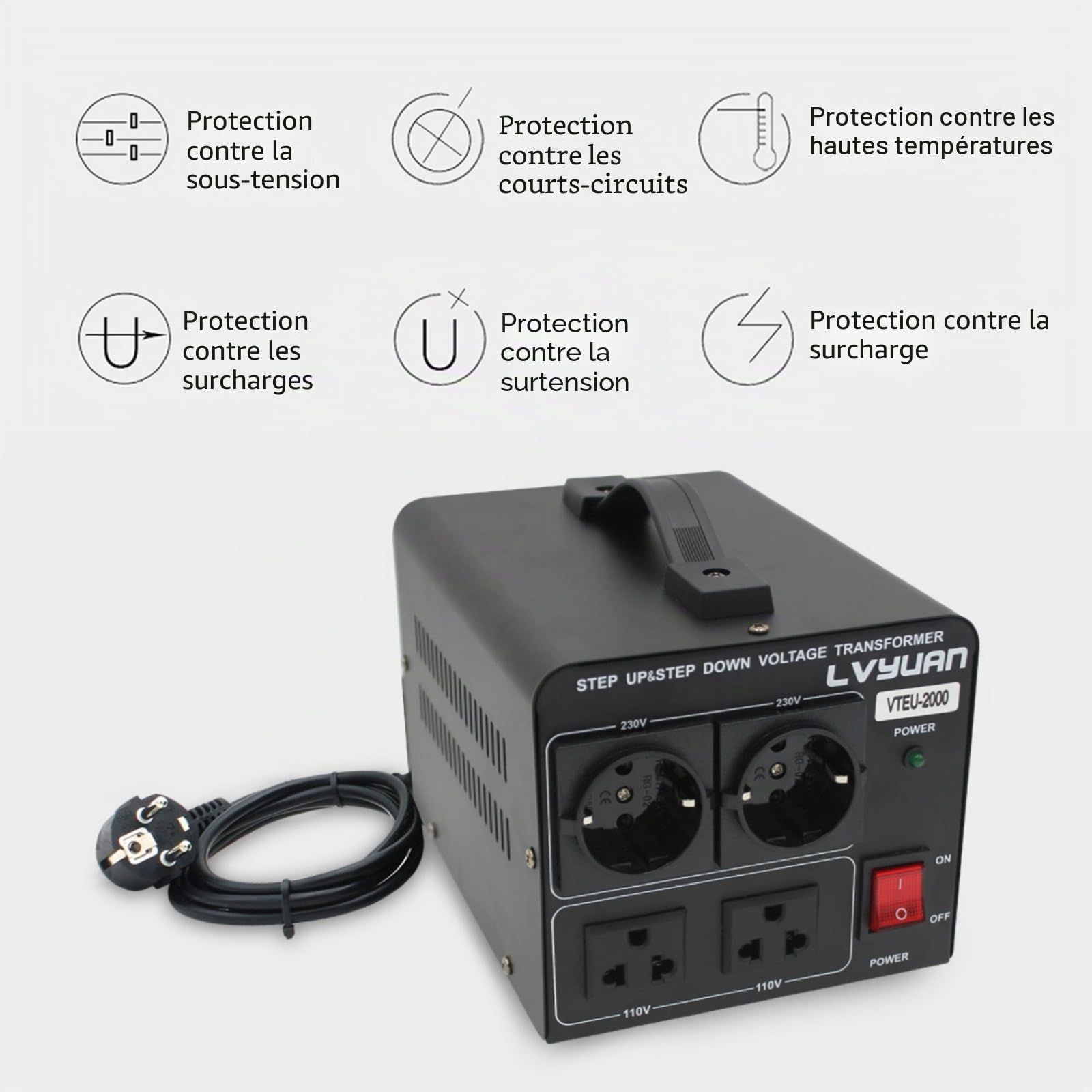 Cantonape 2000 VA Convertisseur de tension 220 V/110 V Transformateur élévateur/Réducteur de tension 2000 Watts USA - Sortie 110/120 Volts 220/230 Volts CA