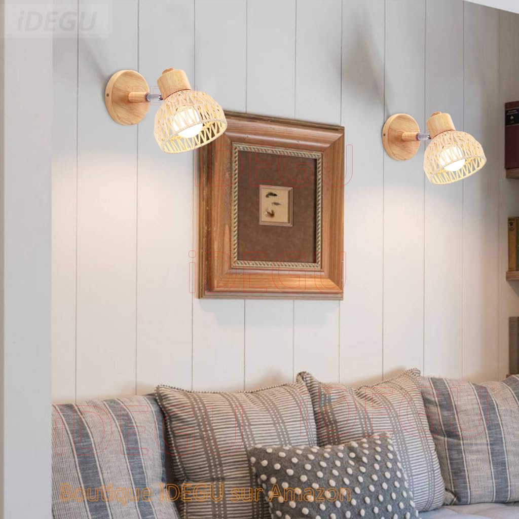 Lot de 2 Appliques Murales Intérieures 15CM Lampe Murale Réglable en Bois et Rotin Rétro E27 Luminaire Vintage pour Chambre Salon Couloir