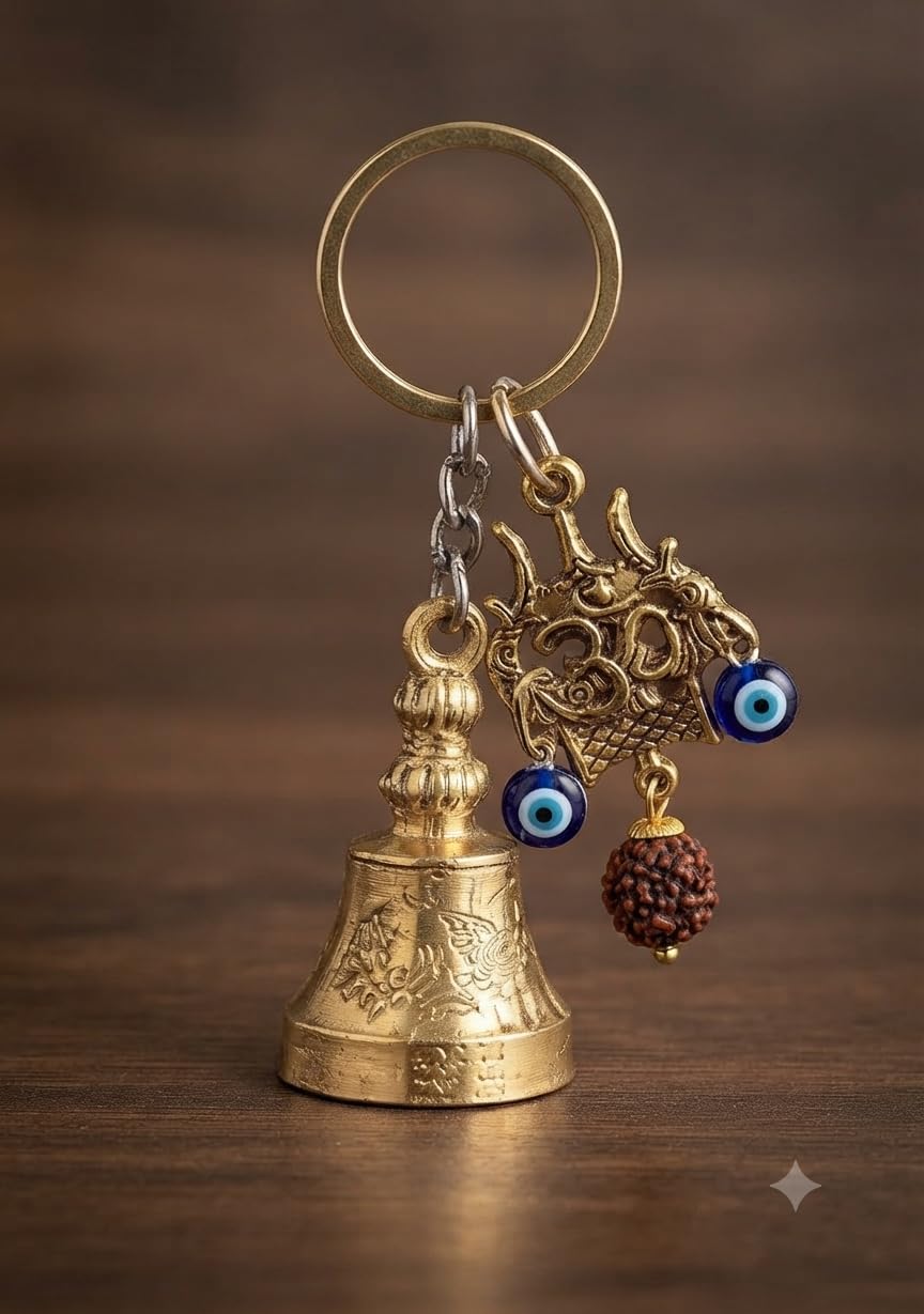Brass Bell Keychain with Evil Eye, Om Charm and Rudraksha Bead - Image 1