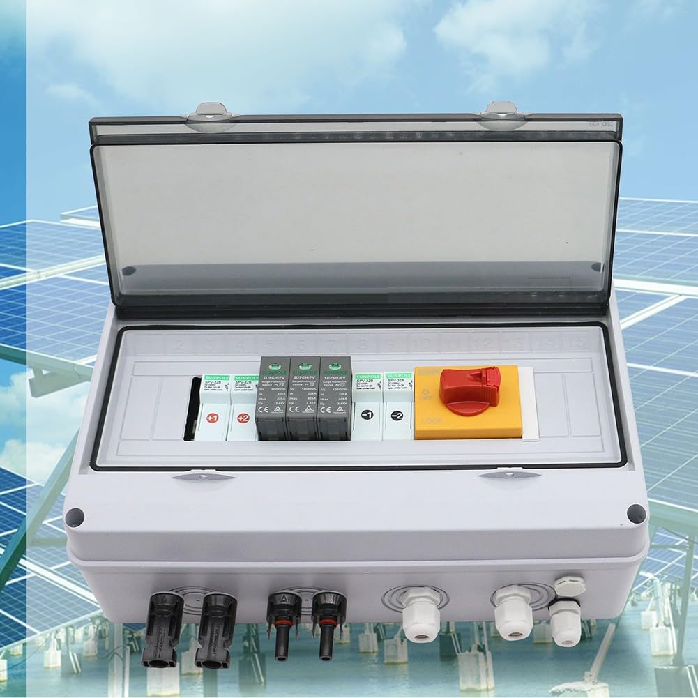 2-in-1-Solar-PV-Kombinator-Box für Photovoltaik-Arrays mit 2 Strängen, IP65 wasserdichtes PVC-Gehäuse mit DC-Sicherungen, SPD und Trennschalter für Dachinstallationen, 1000 V