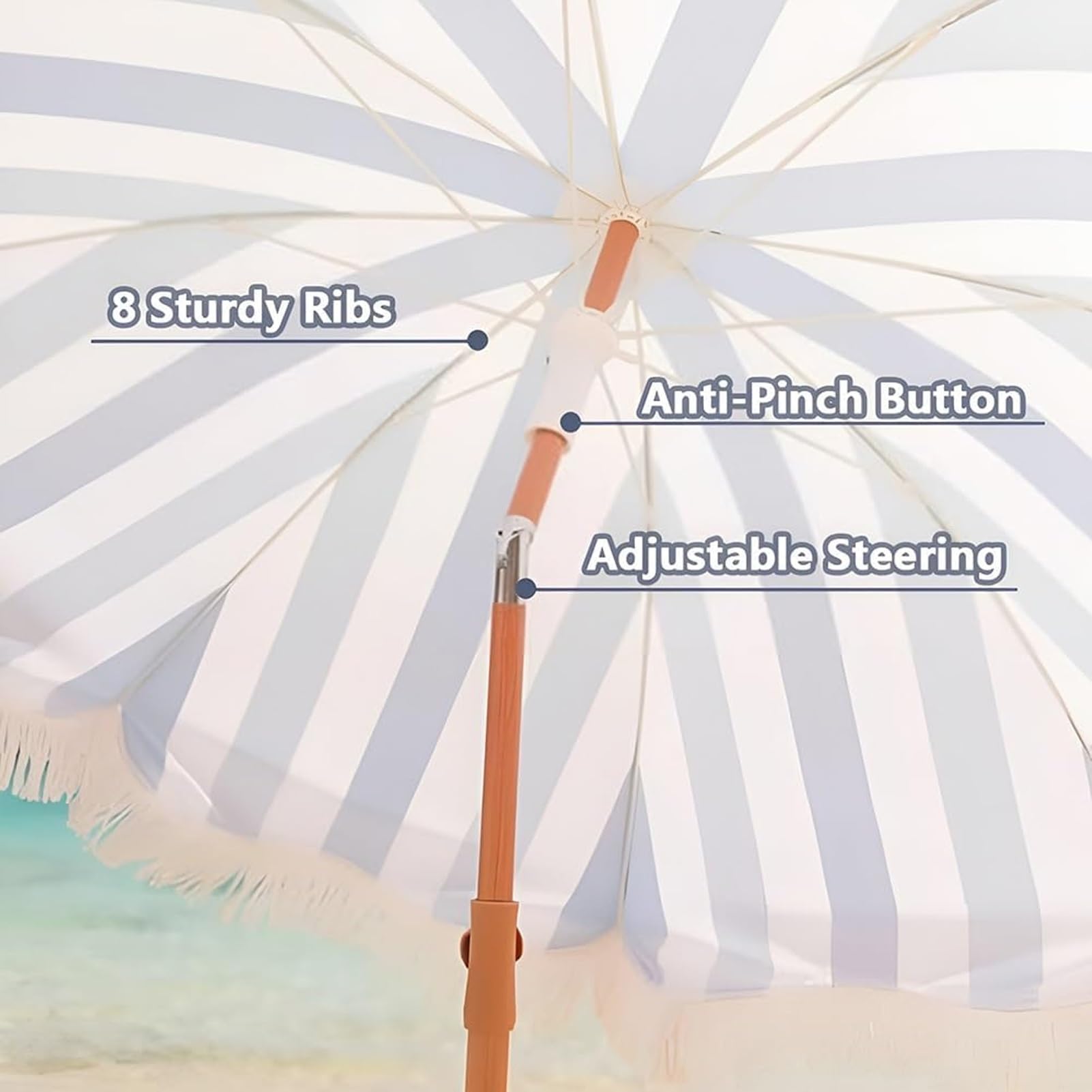 200 cm boho striped beach parasol, zewnętrzny parasol przeciwsłoneczny, wodoodporny parasol ogrodowy z frędzlami z filtrem UPF 50+