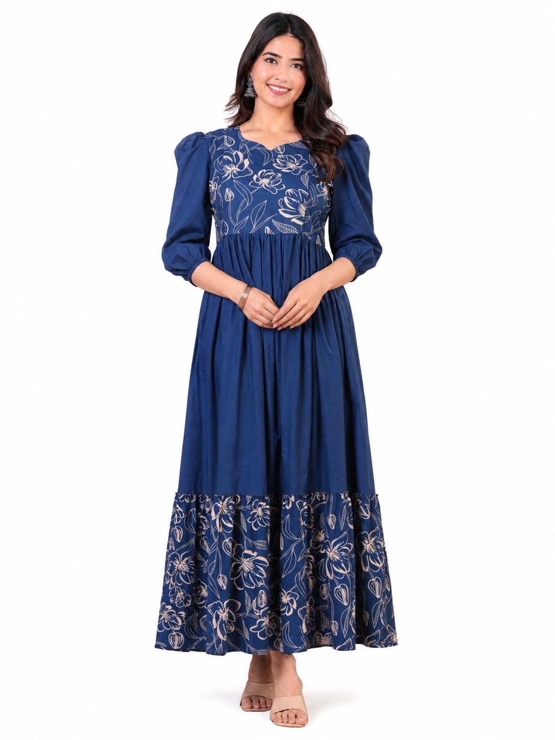 Navy Blue Floral Print Maternity & Feeding Maxi Dress for Women-image-18