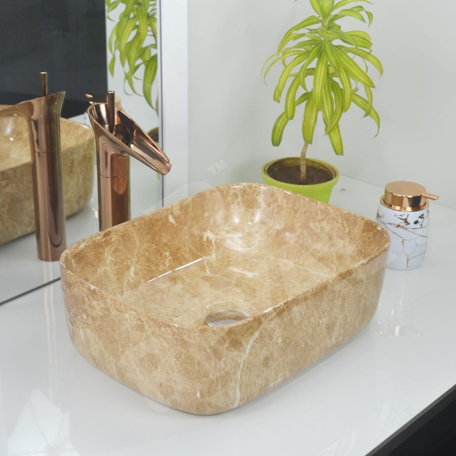 Reyal Marble Wash Basin - Ivory Gold Vessel Sink -18