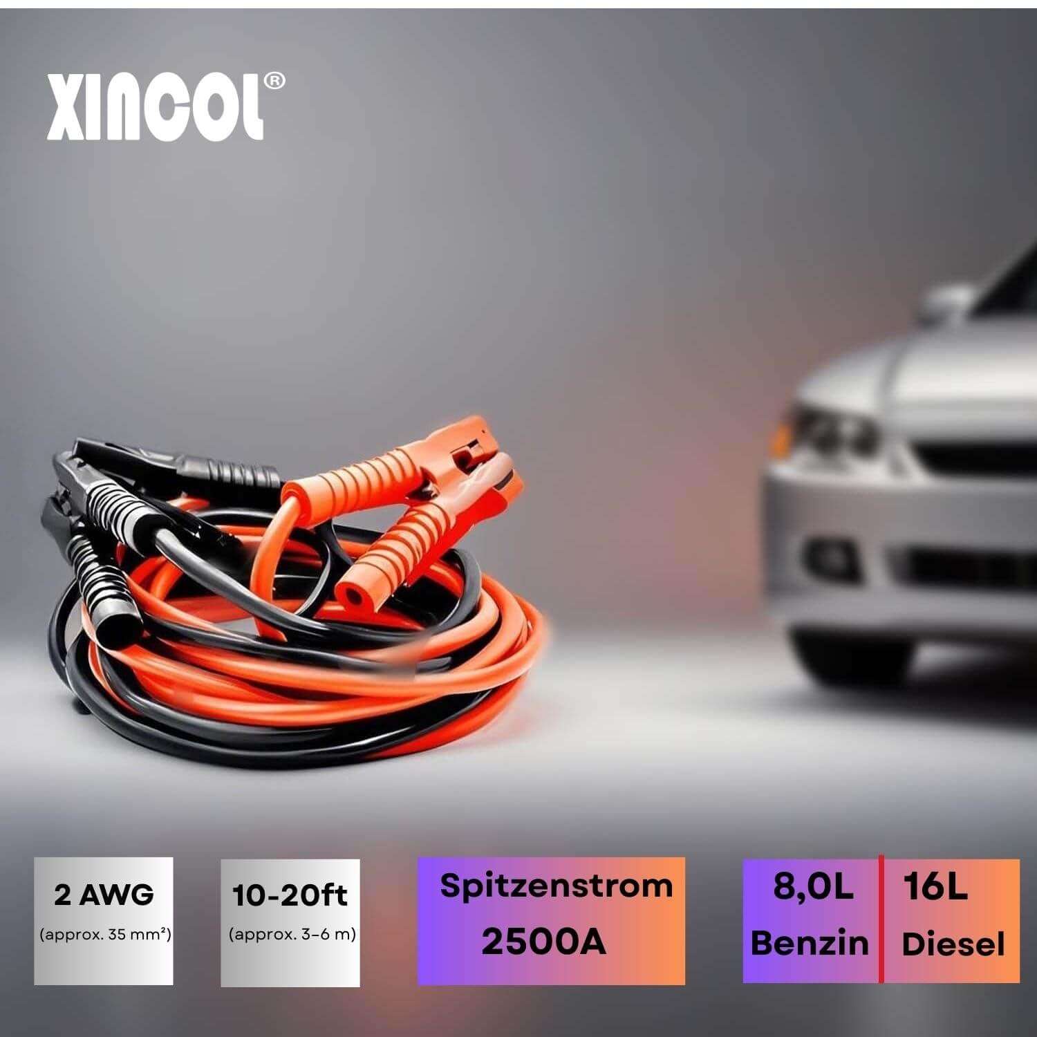 XINCOL A5 Strapazierfähiges Schwerlast-Starthilfekabel - 2500 A - 100%-Kupferdraht-Starthilfekabel für LKWs - wärmeisoliert - mit Tasche - 6M