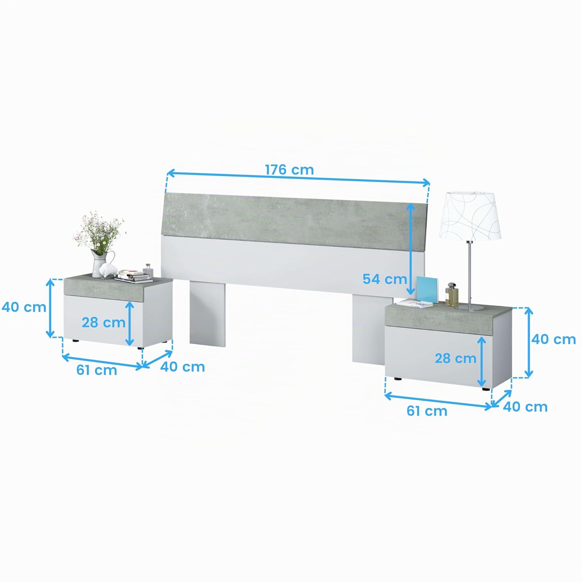 Habitdesign – Cabecero de Cama Matrimonio con 2 Mesitas, Cabezal de Matrimonio y Mesillas, Color Blanco Artik y Gris Cemento, 298x40x96,5 cm - Modelo Tekkan