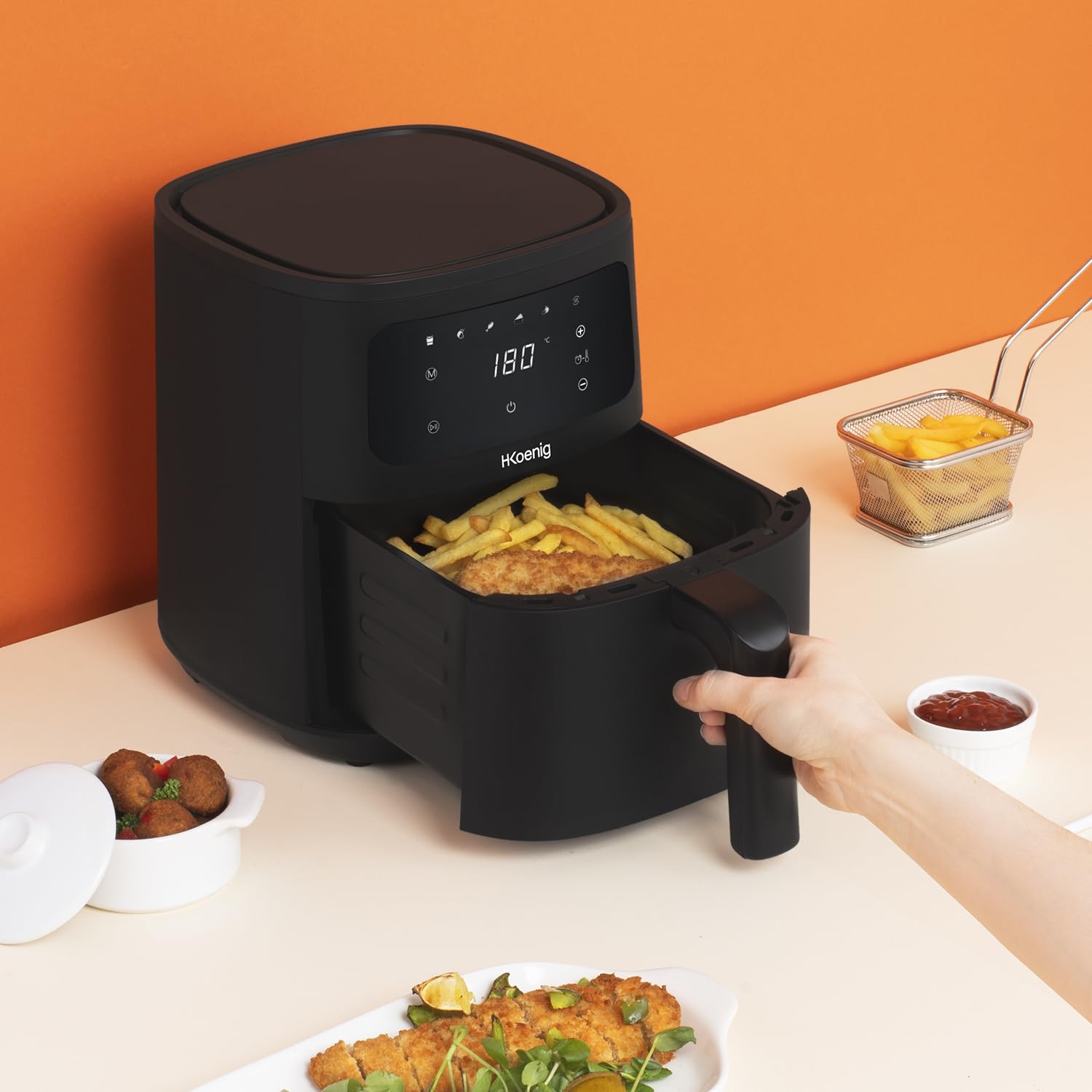 H.Koenig Freidora de aire FRY840, Capacidad 4L, Cocina hasta 6 personas, Ajustable 80-200°C, 5 Modos de Cocción, Temporizador 60min, 5 Programas, Pantalla Táctil